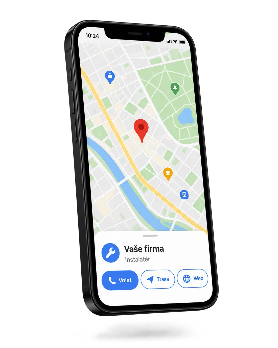Telefon s mapou, kartou Vaší firmy a tlačítkem Volat